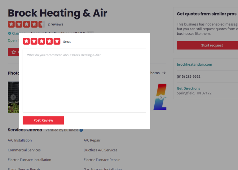 Brock Heating & Air Yelp Page